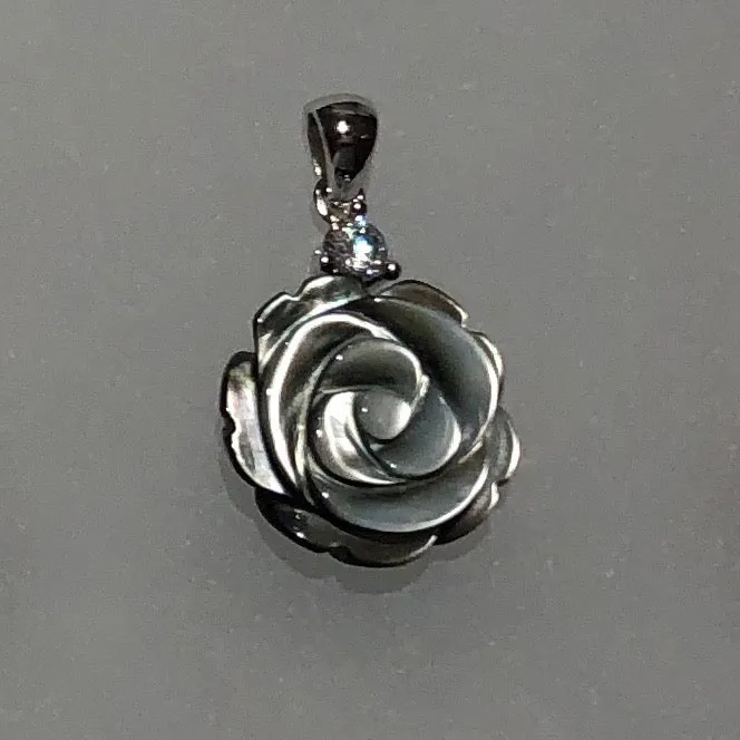 Rhodium-Plated 925 Sterling Silver Pendant ~ 15mm Rose-Carved Natural Shell with CZ Accent (chain sold separately)