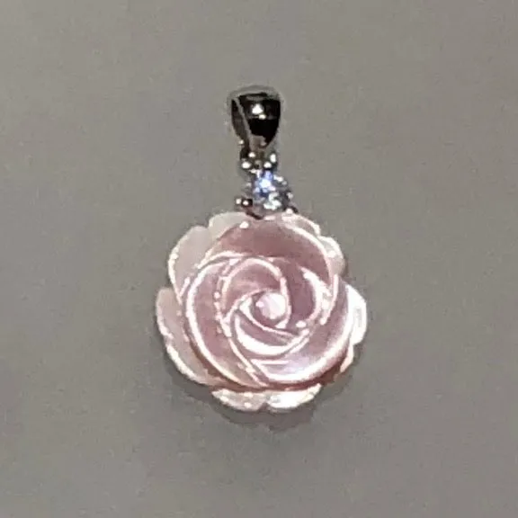 Rhodium-Plated 925 Sterling Silver Pendant ~ 15mm Rose-Carved Natural Shell with CZ Accent (chain sold separately)