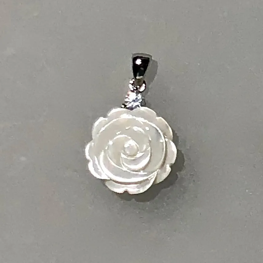 Rhodium-Plated 925 Sterling Silver Pendant ~ 15mm Rose-Carved Natural Shell with CZ Accent (chain sold separately)