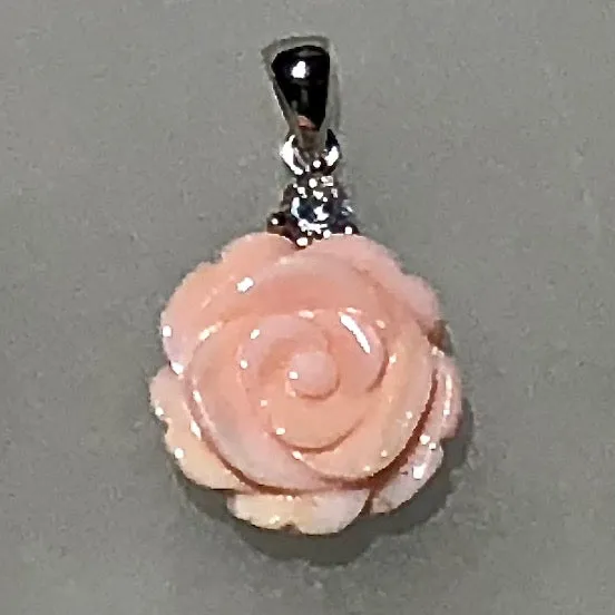 Rhodium-Plated 925 Sterling Silver Pendant ~ 15mm Rose-Carved Natural Shell with CZ Accent (chain sold separately)