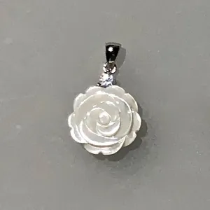 Rhodium-Plated 925 Sterling Silver Pendant ~ 15mm Rose-Carved Natural Shell with CZ Accent (chain sold separately)