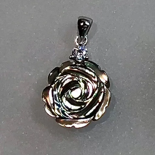 Rhodium-Plated 925 Sterling Silver Pendant ~ 15mm Rose-Carved Natural Shell with CZ Accent (chain sold separately)