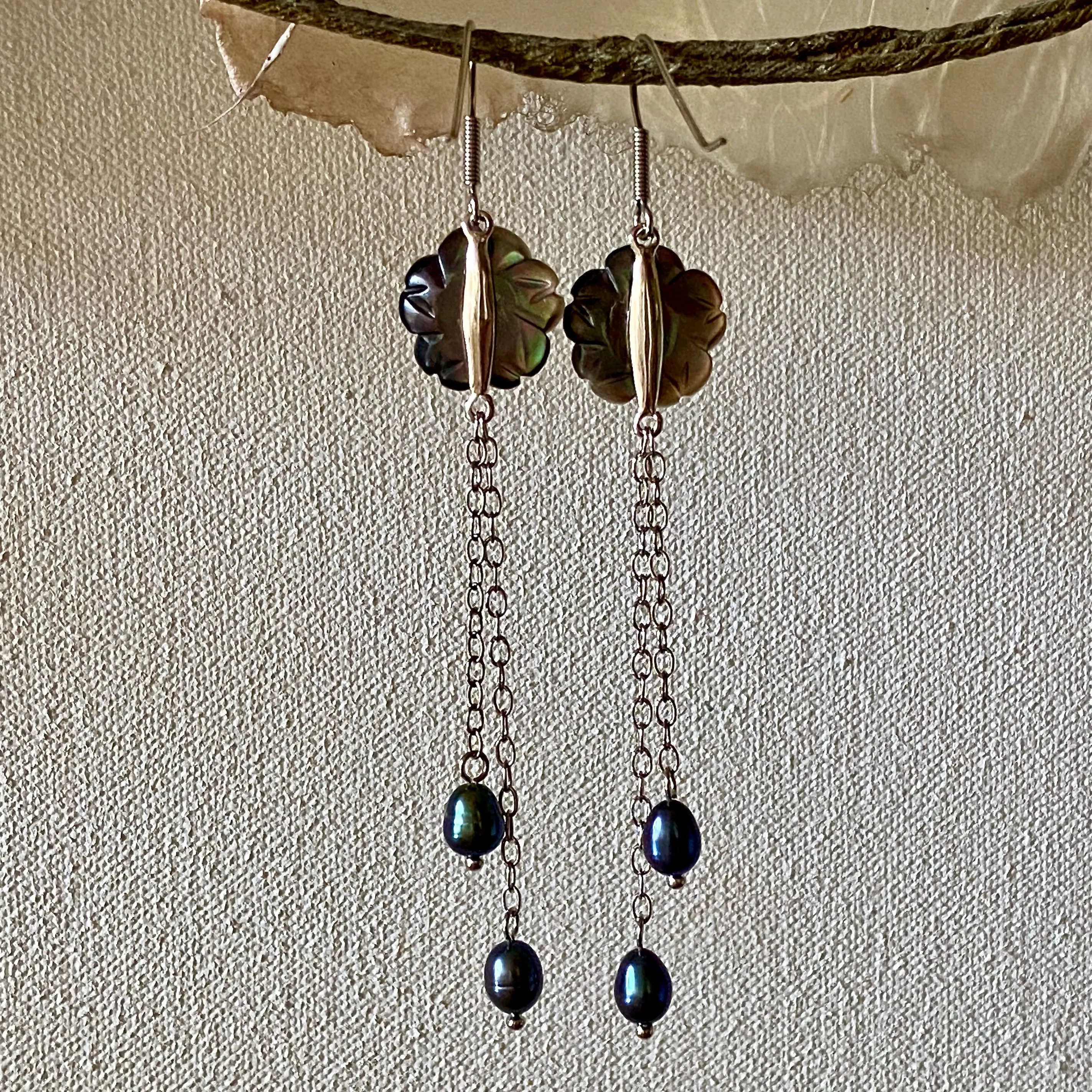 Rose Petal Carved Natural Black Mother of Pearl Long Dangle Earrings with Dyed Cultured Freshwater Pearls / Rhodium-Plated 925 Sterling Silver