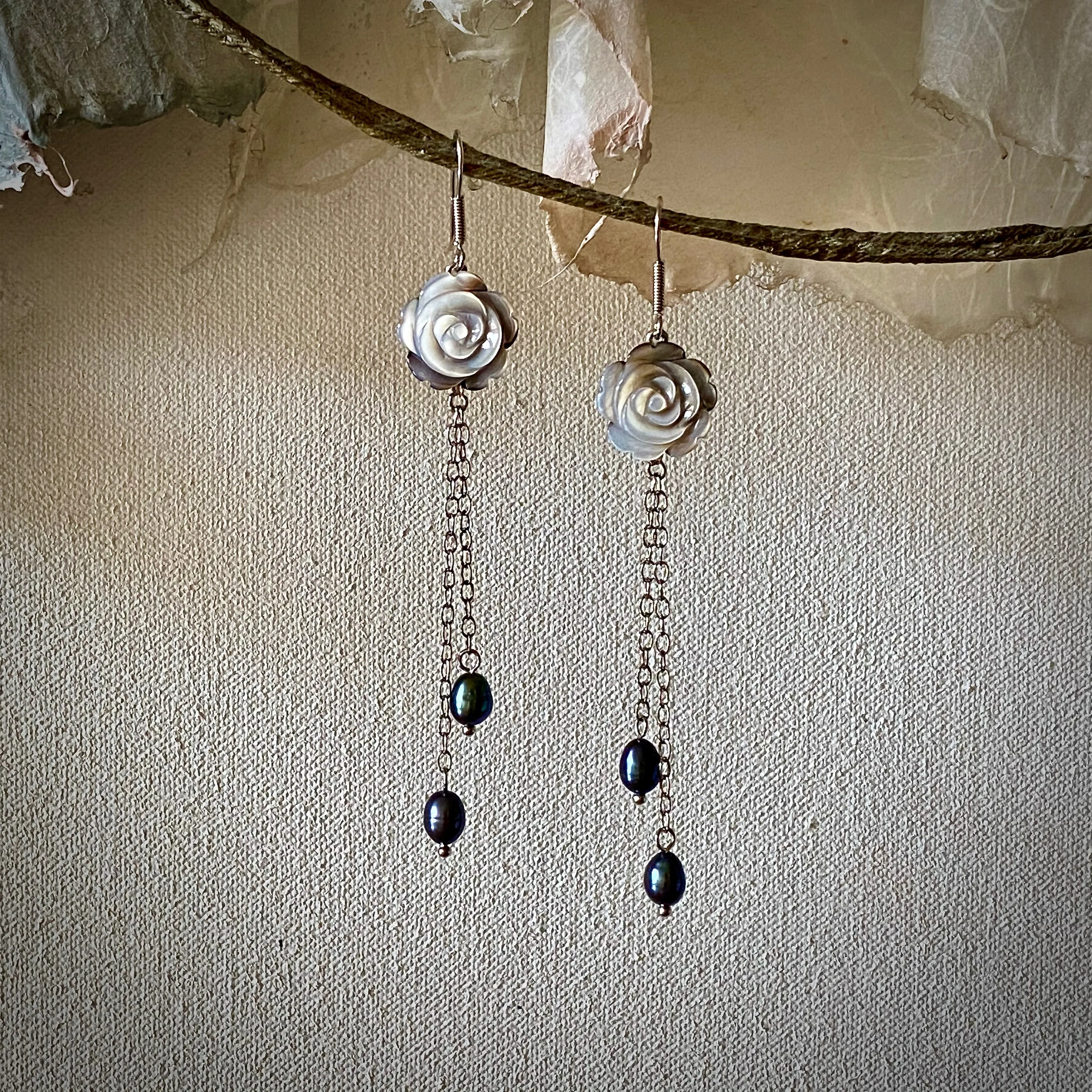 Rose Petal Carved Natural Black Mother of Pearl Long Dangle Earrings with Dyed Cultured Freshwater Pearls / Rhodium-Plated 925 Sterling Silver