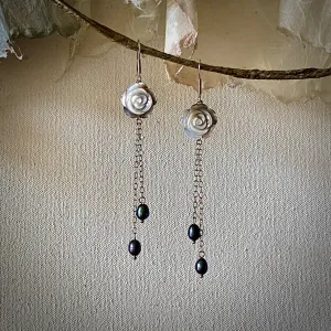 Rose Petal Carved Natural Black Mother of Pearl Long Dangle Earrings with Dyed Cultured Freshwater Pearls / Rhodium-Plated 925 Sterling Silver