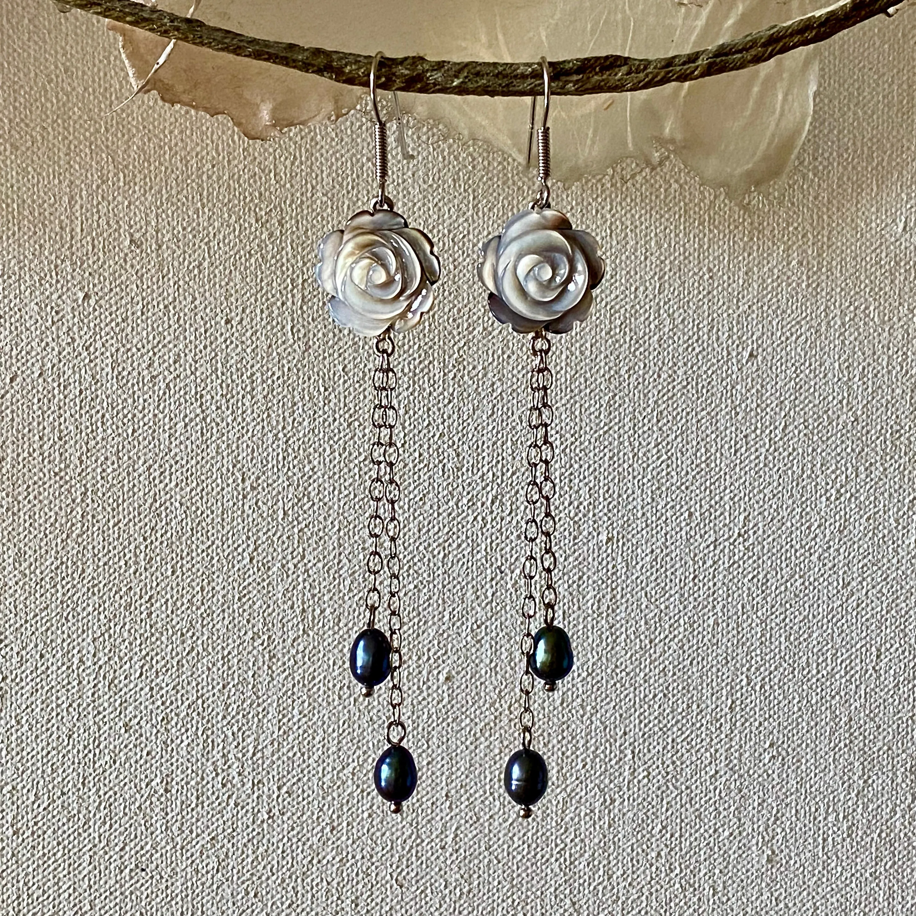 Rose Petal Carved Natural Black Mother of Pearl Long Dangle Earrings with Dyed Cultured Freshwater Pearls / Rhodium-Plated 925 Sterling Silver