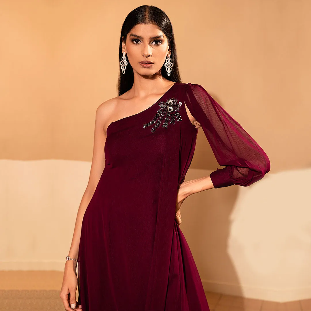 Rosewood Maroon One Shoulder Maxi Dress