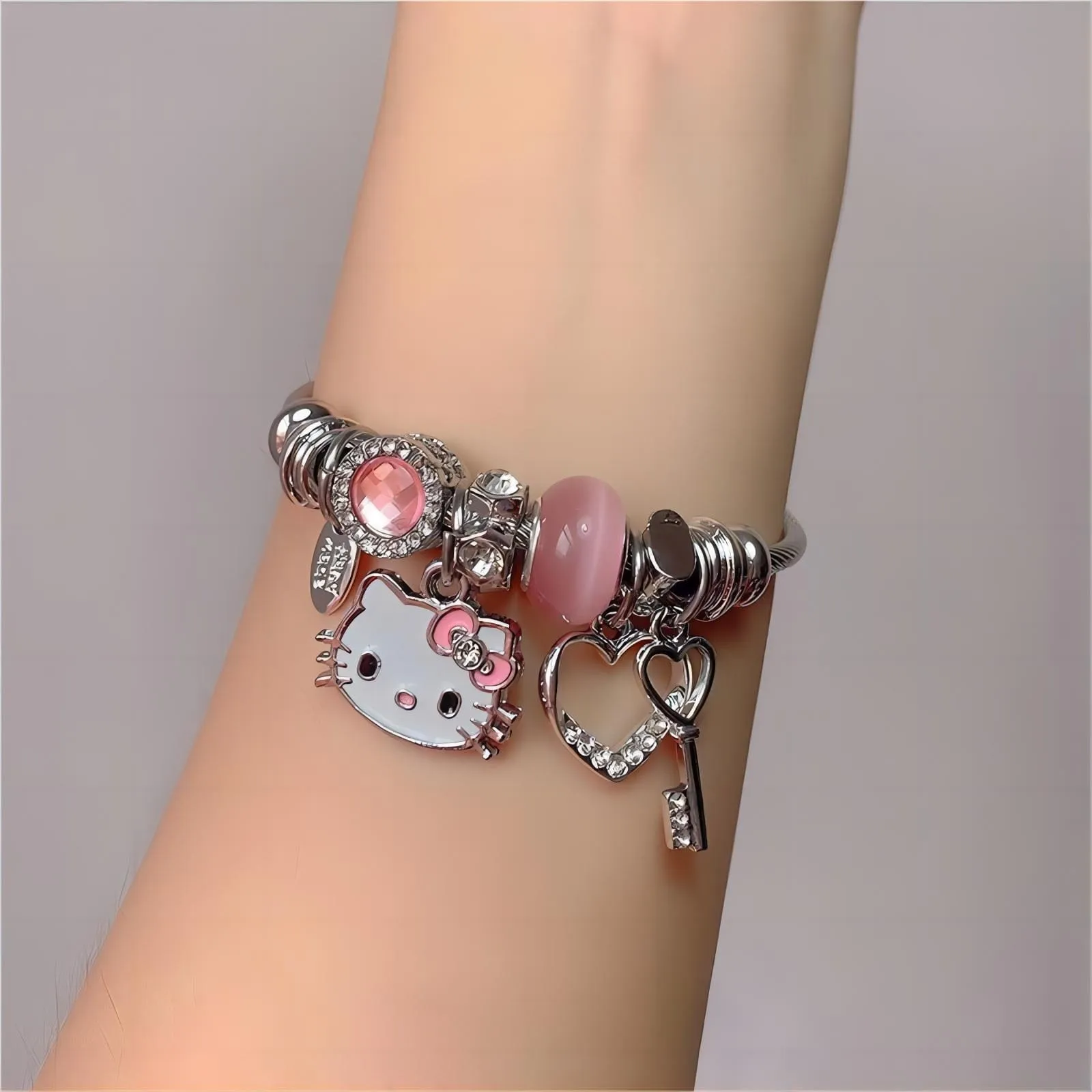Sanrio CZ Inlaid Stainless Steel Hello Kitty Bangle Bracelet