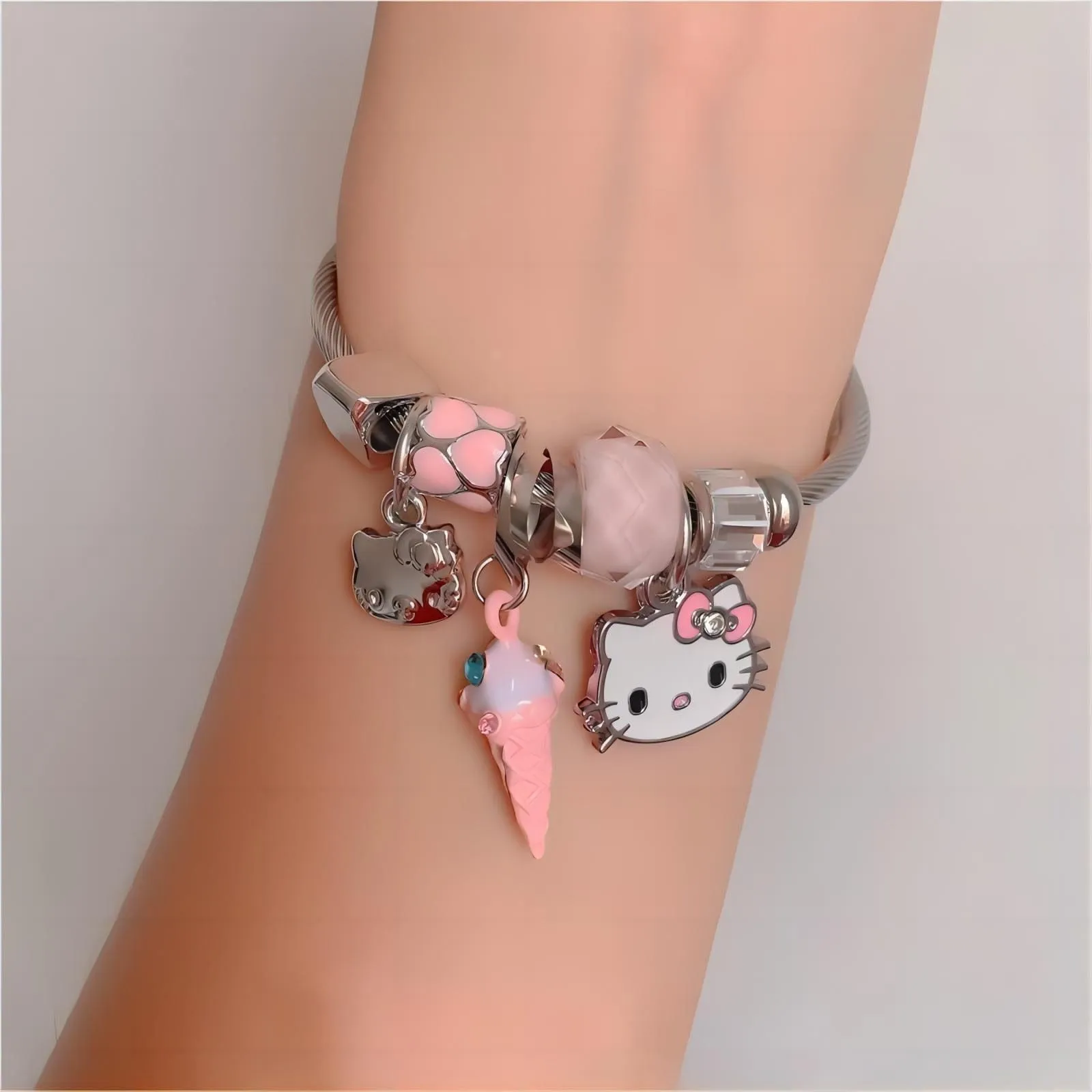 Sanrio CZ Inlaid Stainless Steel Hello Kitty Bangle Bracelet