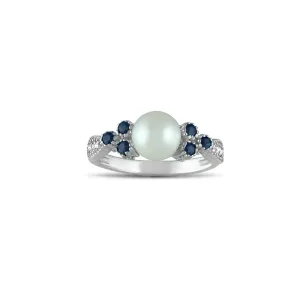Sapphire, Pearl and Diamond Accent Silver Ring