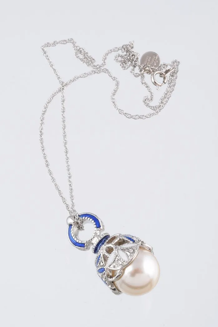 Silver & Blue Pearl Egg Pendant Necklace