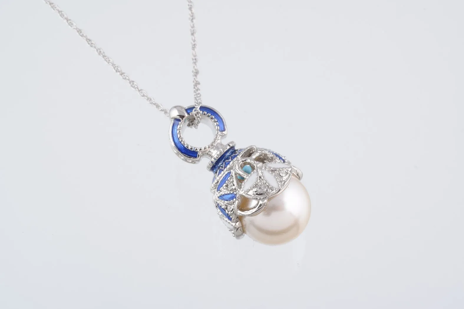 Silver & Blue Pearl Egg Pendant Necklace