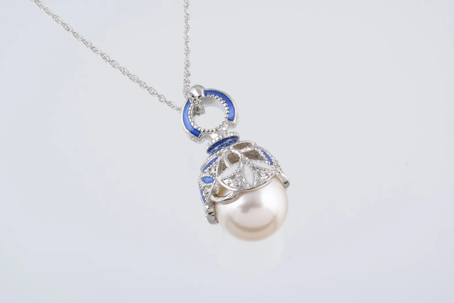 Silver & Blue Pearl Egg Pendant Necklace