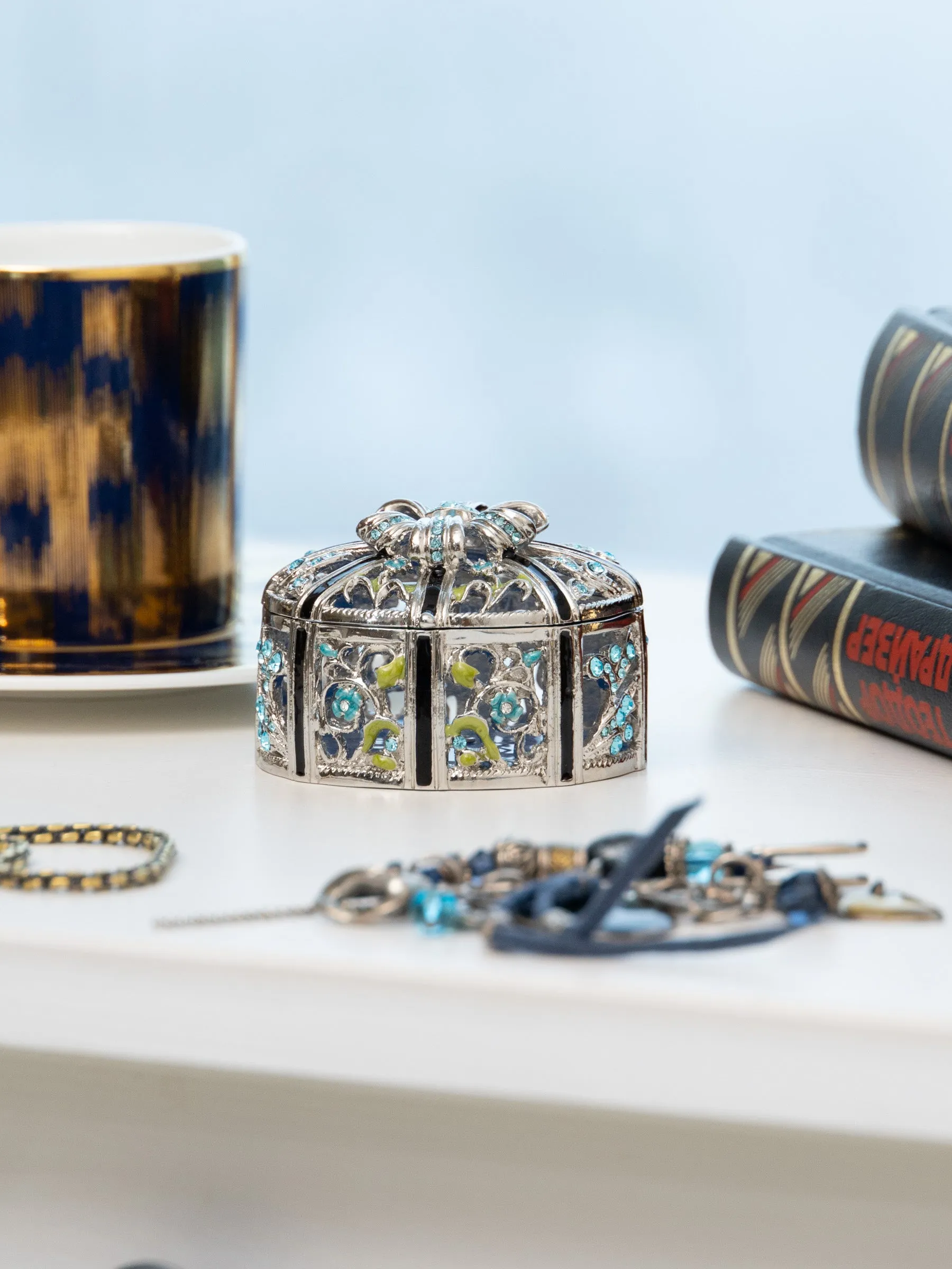 Silver Box with Blue Flowers