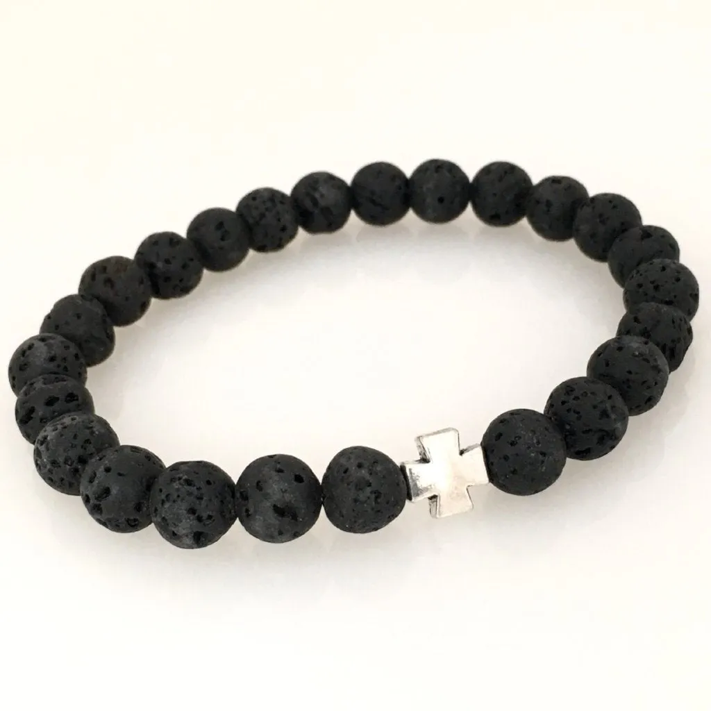 Silver Cross Volcanic Lava Men's Bracelet