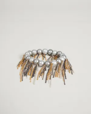 silver freshwater pearls w/ oxi, yellow, and white fringe bracelet
