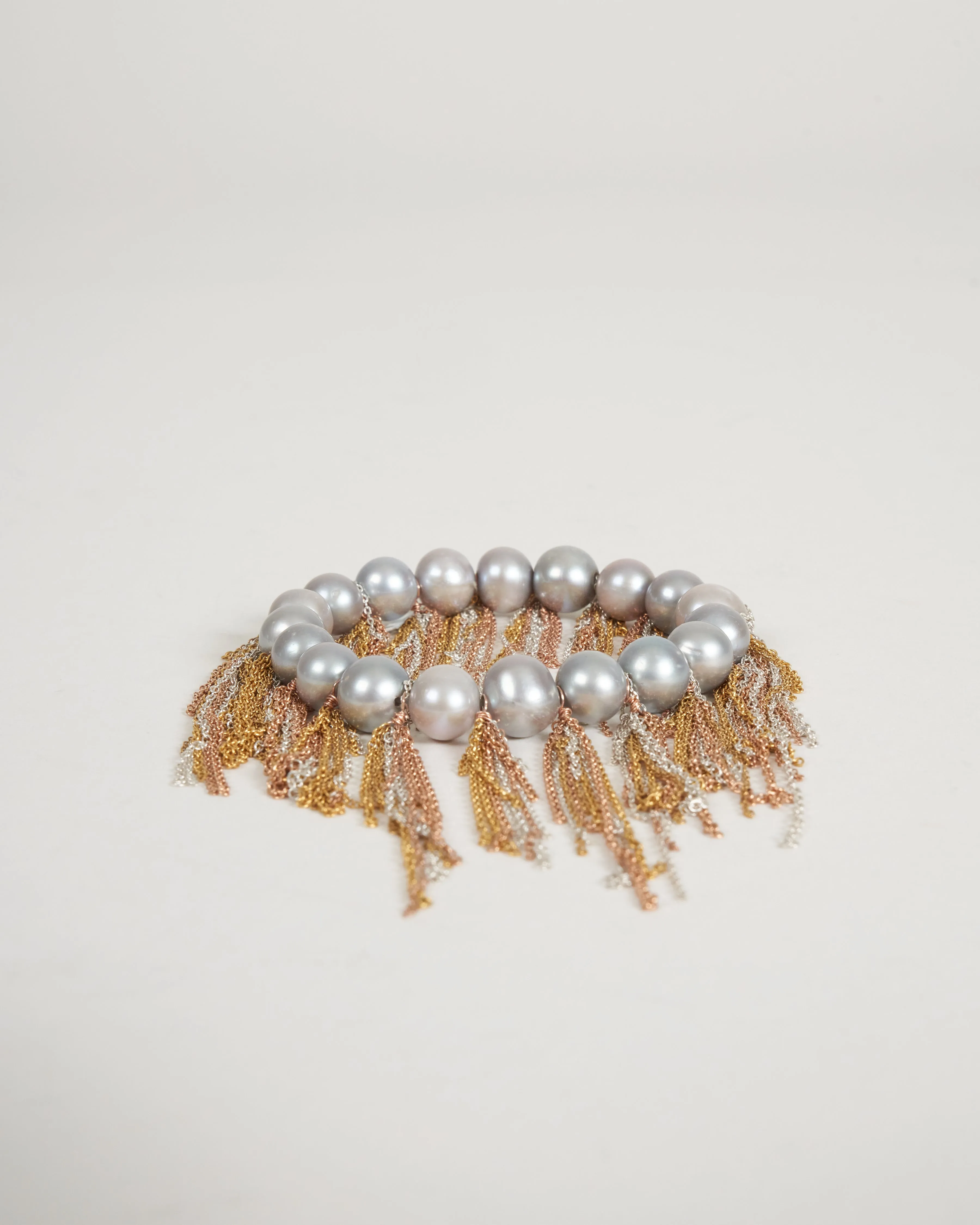 silver freshwater pearls w/ rose, yellow and silver fringe bracelet