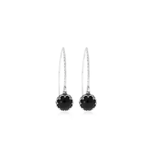 Silver Round  Drop Earrings Inlaid with Onyx