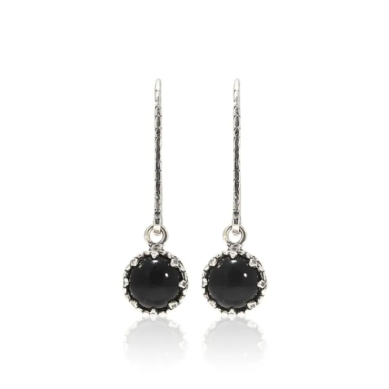 Silver Round  Drop Earrings Inlaid with Onyx
