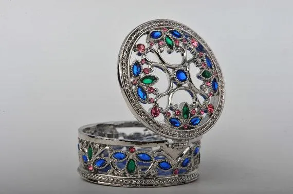 Silver with Blue & Pink Decorations Trinket Box