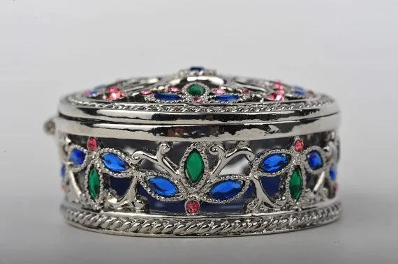 Silver with Blue & Pink Decorations Trinket Box
