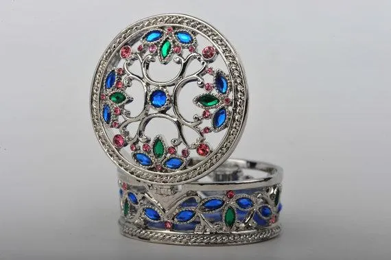 Silver with Blue & Pink Decorations Trinket Box