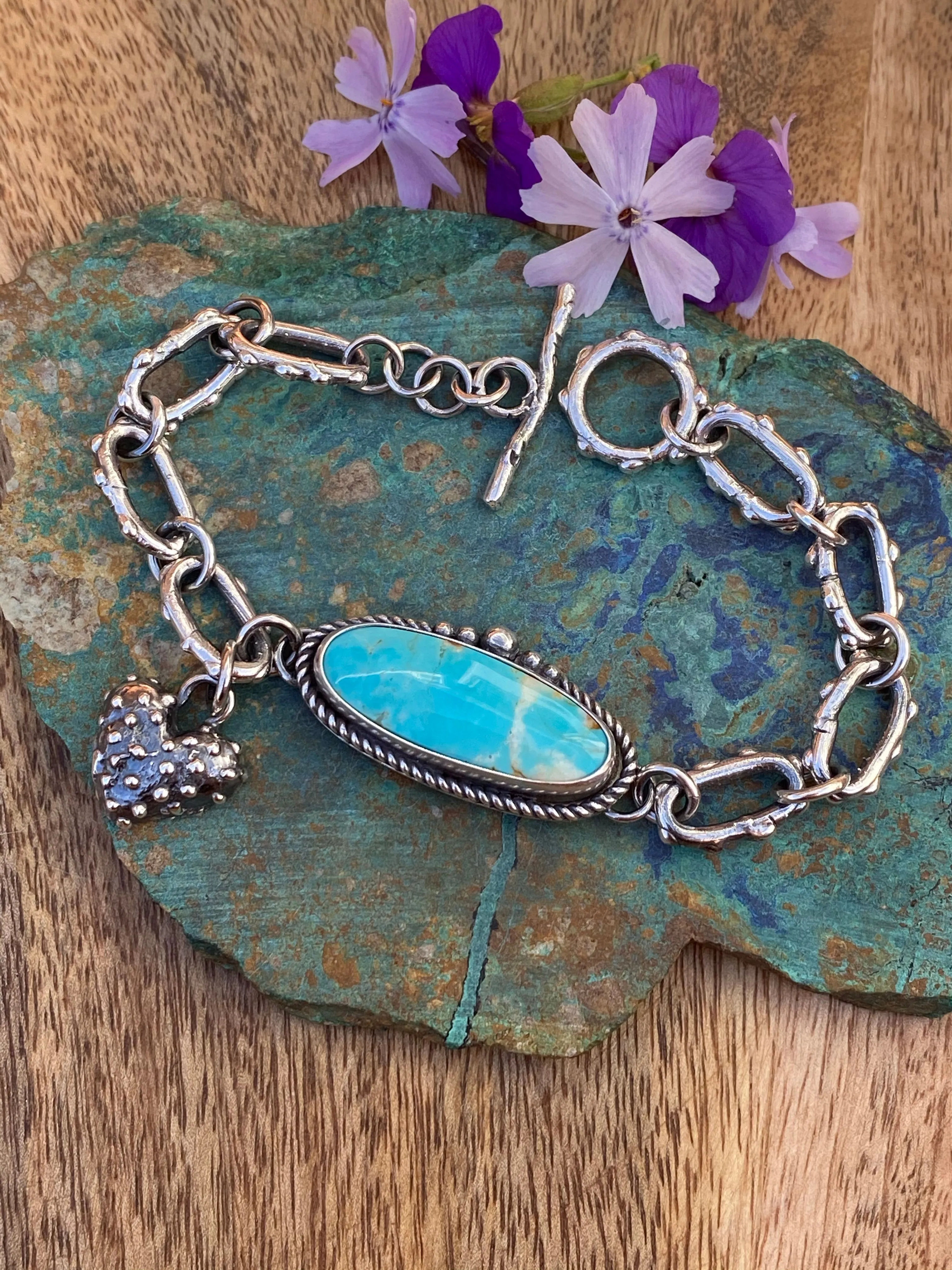 Sky blue oval Kingman and hand cast chain bracelet