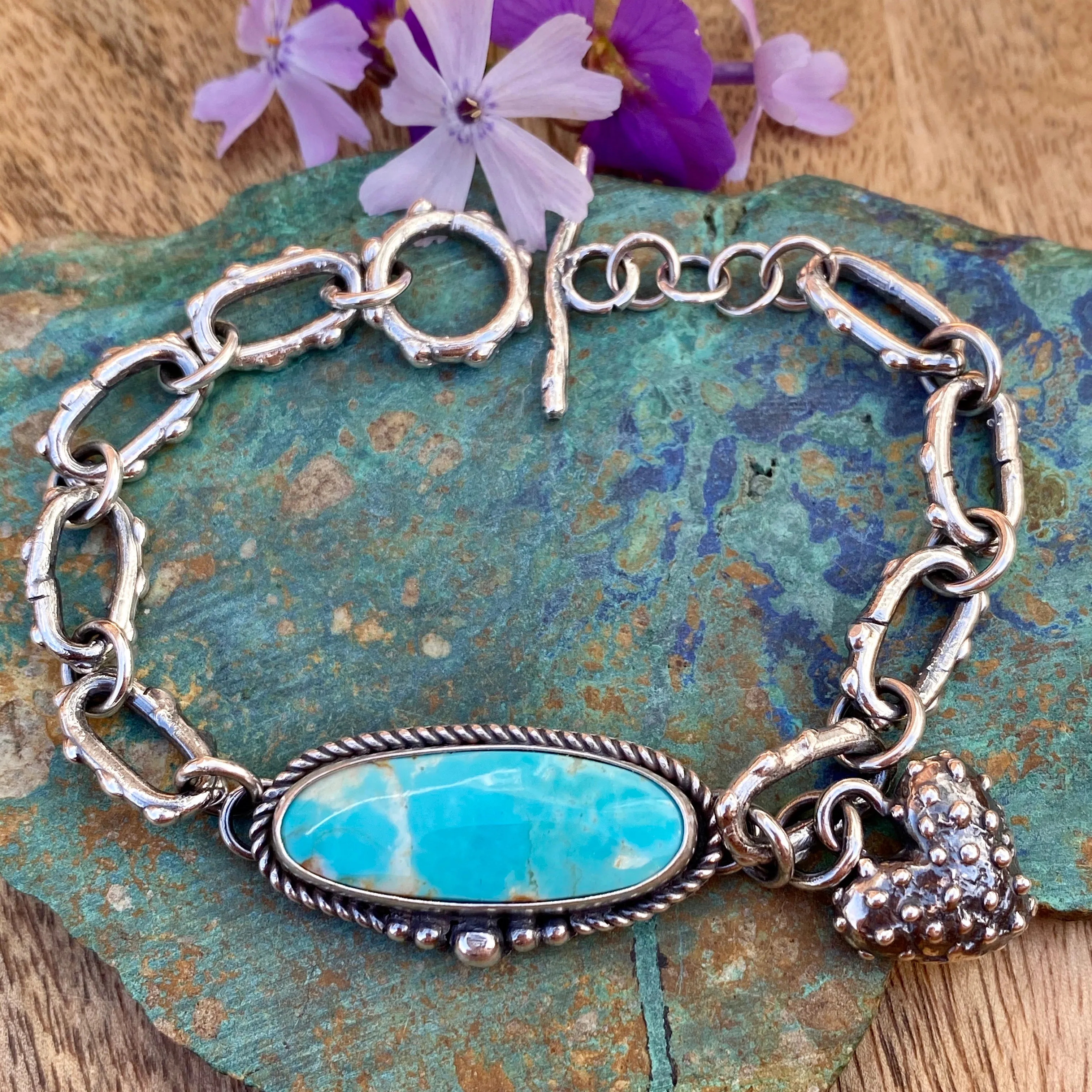 Sky blue oval Kingman and hand cast chain bracelet