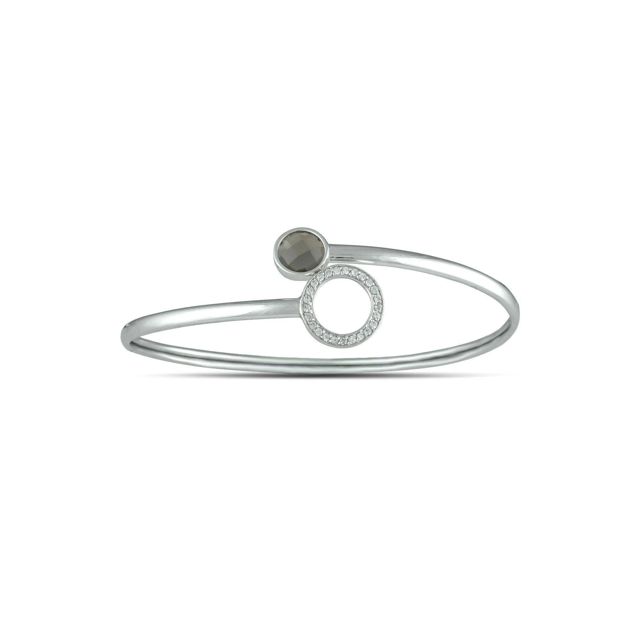 Smokey Quartz and Created White Sapphire Flex Bypass Silver Bangle