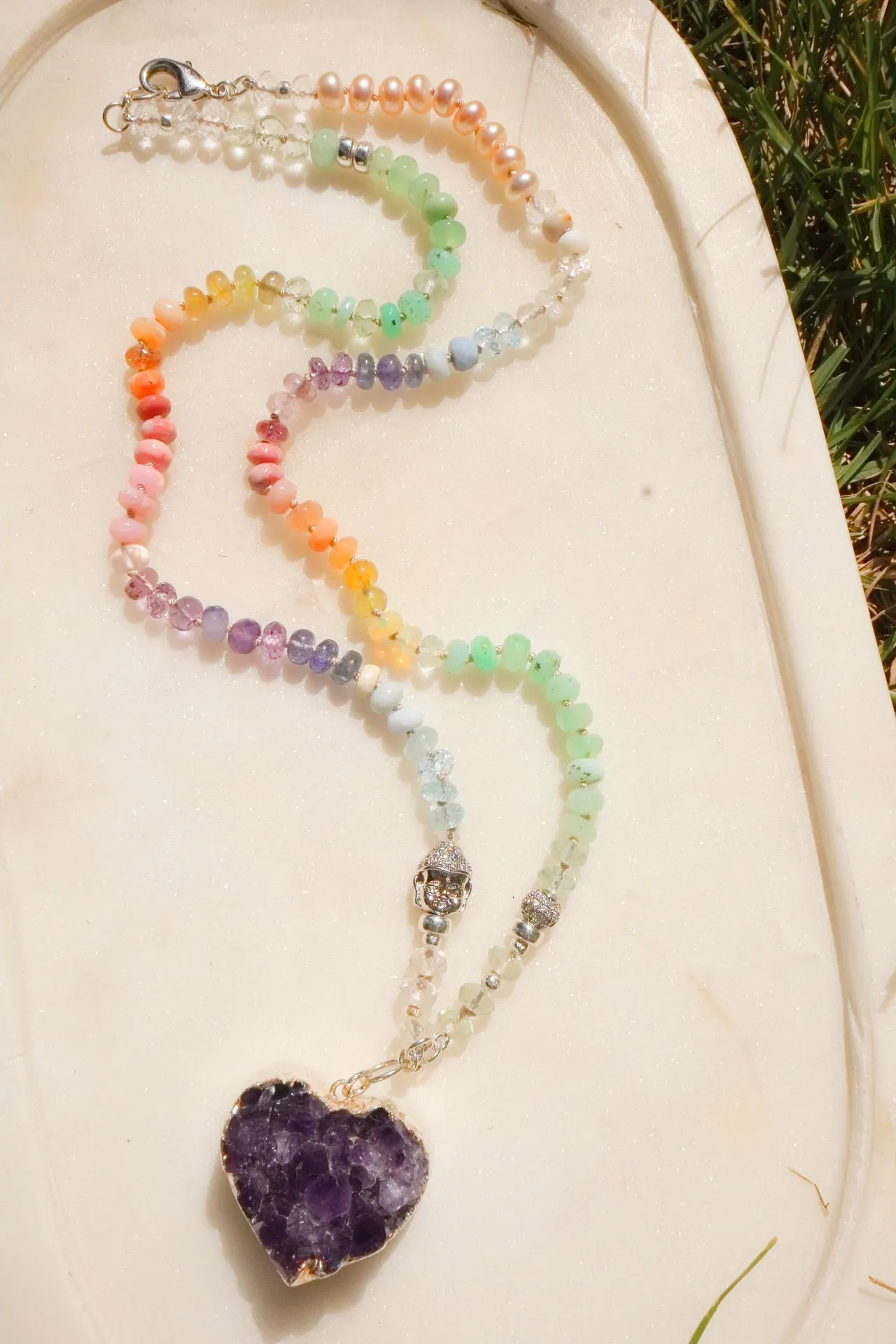 Spring Whispers - Soft Rainbow Gemstone & Amethyst Heart Pendant