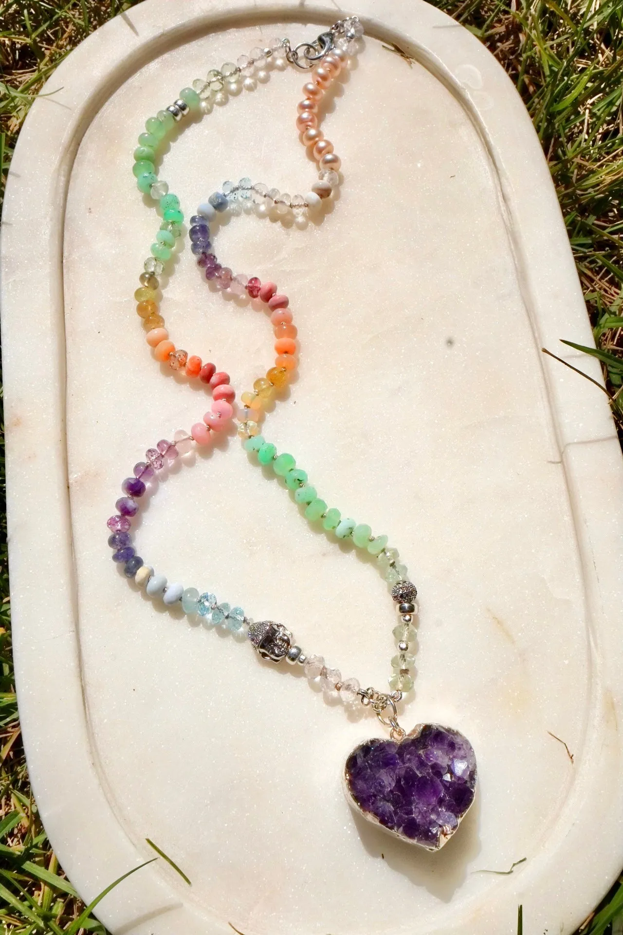 Spring Whispers - Soft Rainbow Gemstone & Amethyst Heart Pendant