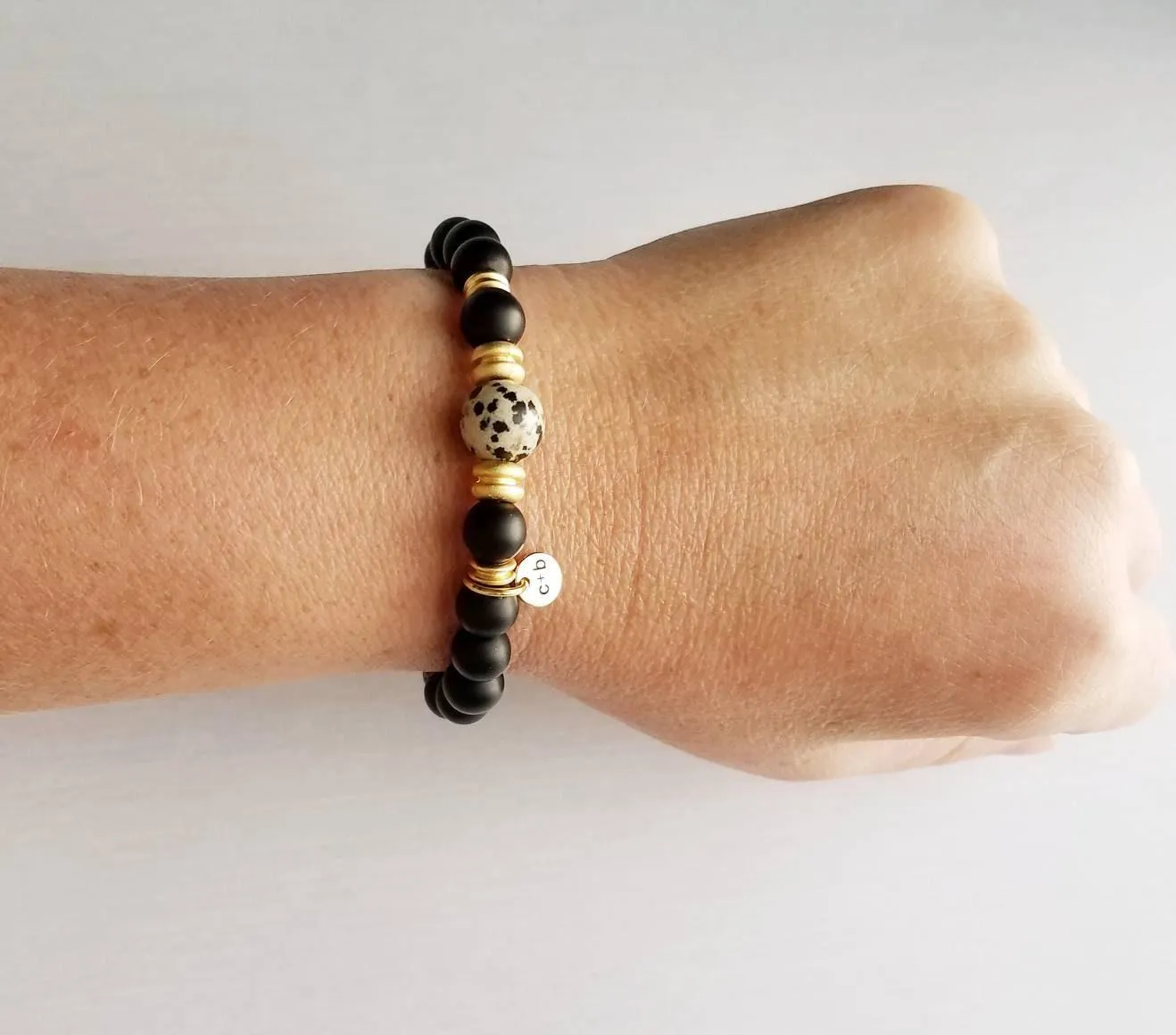 Stacking Bracelet Set, genuine stone bead bracelet, matte gemstone bracelet, black onyx dalmatian jasper grey gray larvikite labradorite gem