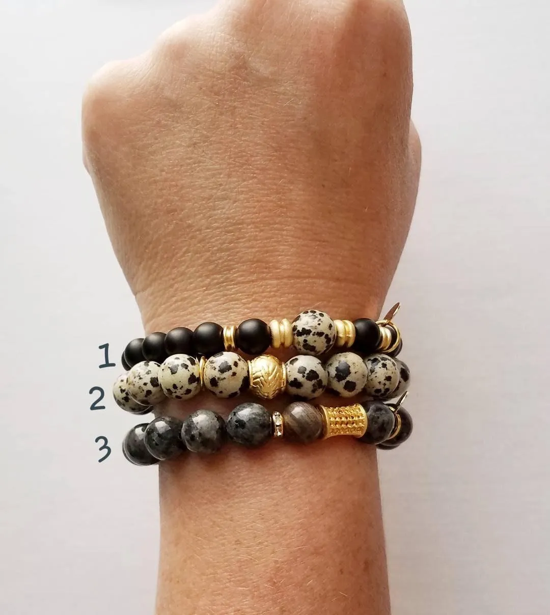 Stacking Bracelet Set, genuine stone bead bracelet, matte gemstone bracelet, black onyx dalmatian jasper grey gray larvikite labradorite gem