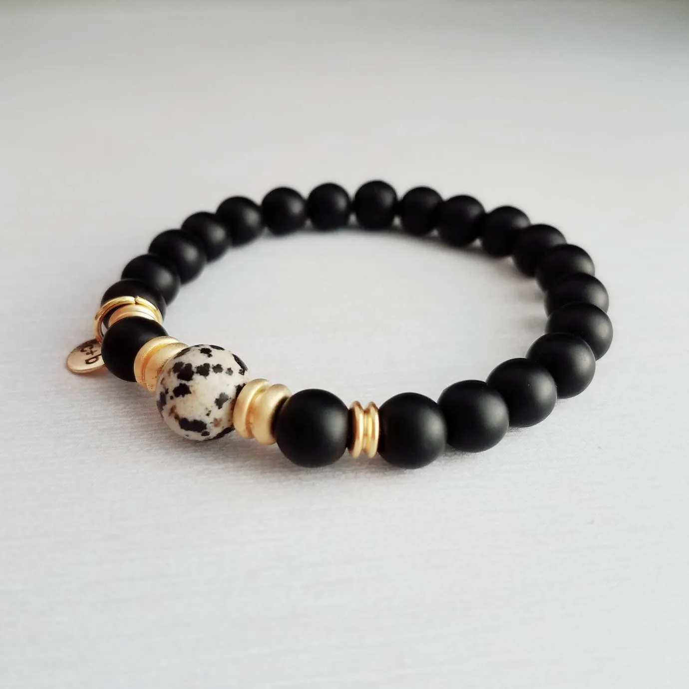 Stacking Bracelet Set, genuine stone bead bracelet, matte gemstone bracelet, black onyx dalmatian jasper grey gray larvikite labradorite gem