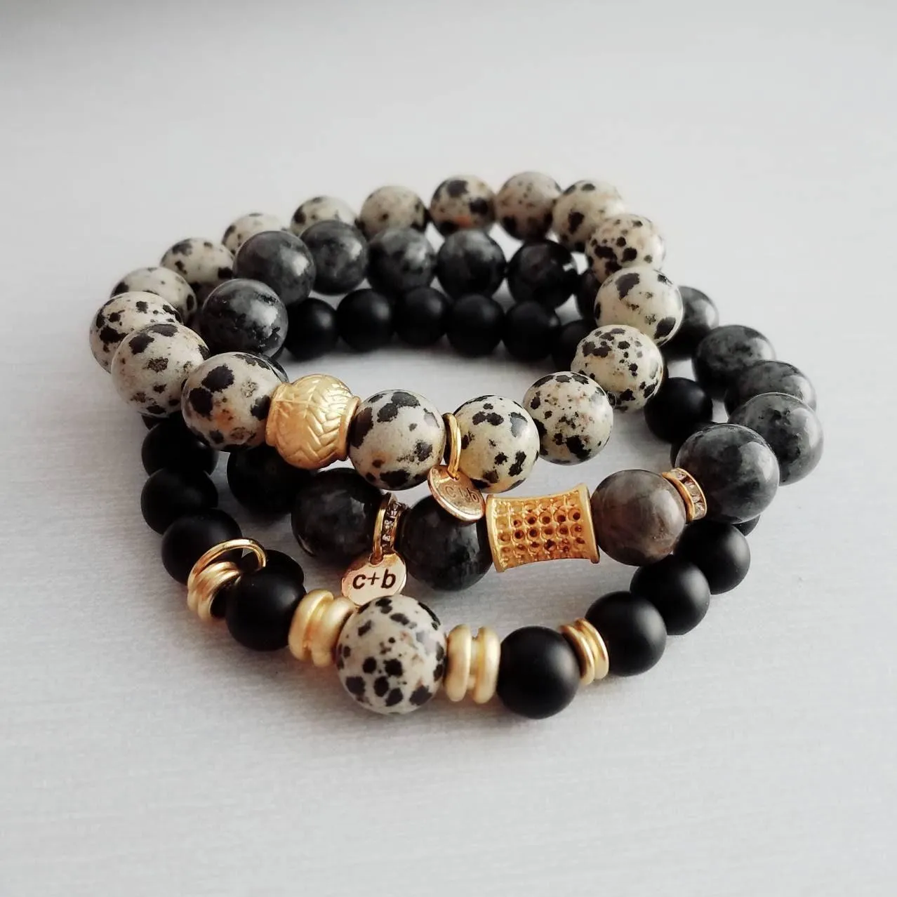 Stacking Bracelet Set, genuine stone bead bracelet, matte gemstone bracelet, black onyx dalmatian jasper grey gray larvikite labradorite gem