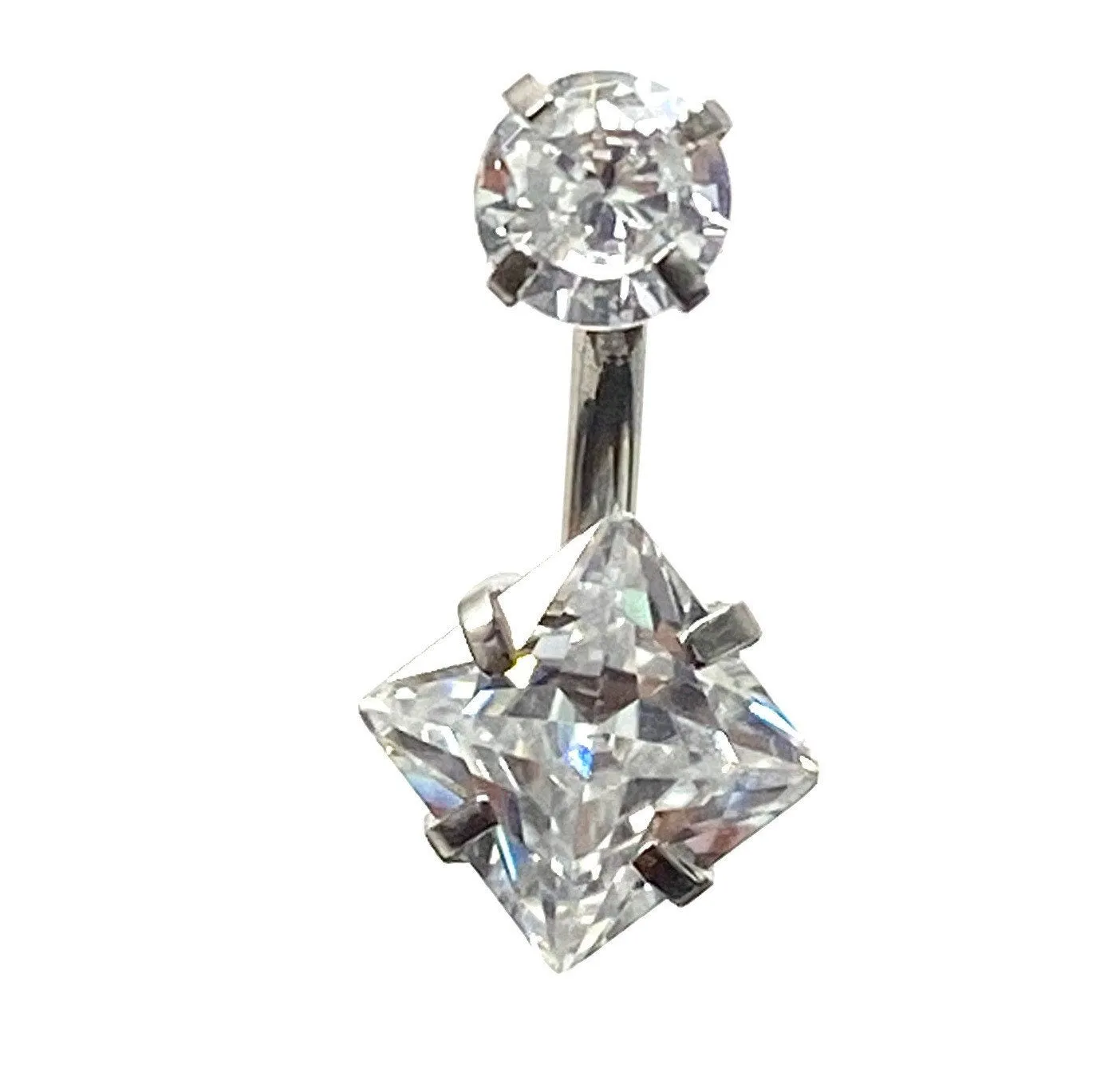 Stainless steal curved bar with double gem belly ring, SKU# 6-4