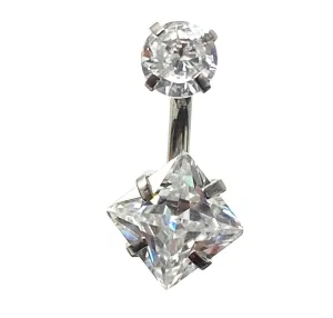 Stainless steal curved bar with double gem belly ring, SKU# 6-4