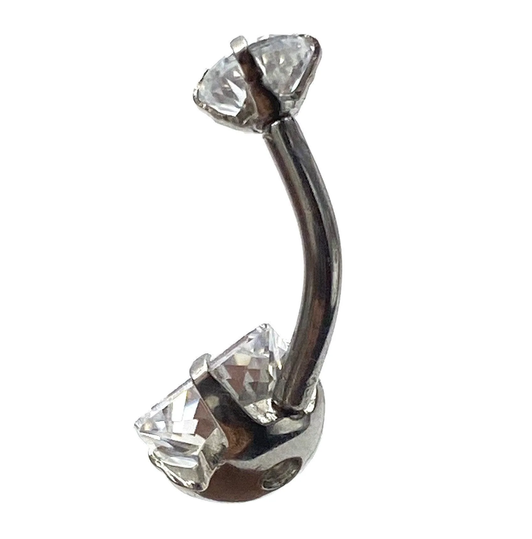 Stainless steal curved bar with double gem belly ring, SKU# 6-4