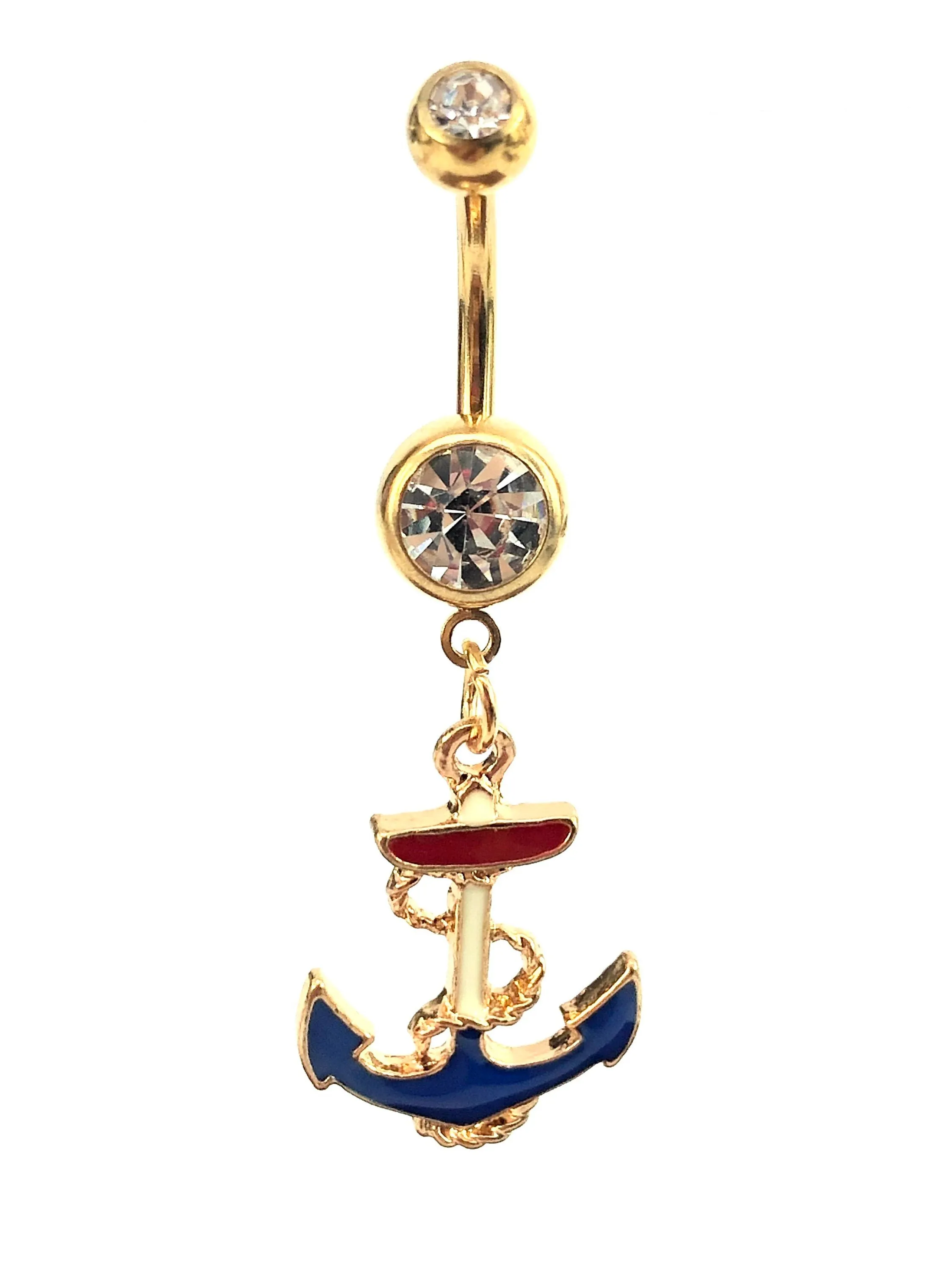Stainless steel curve bar , anchor gem belly ring, SKU# NBR015