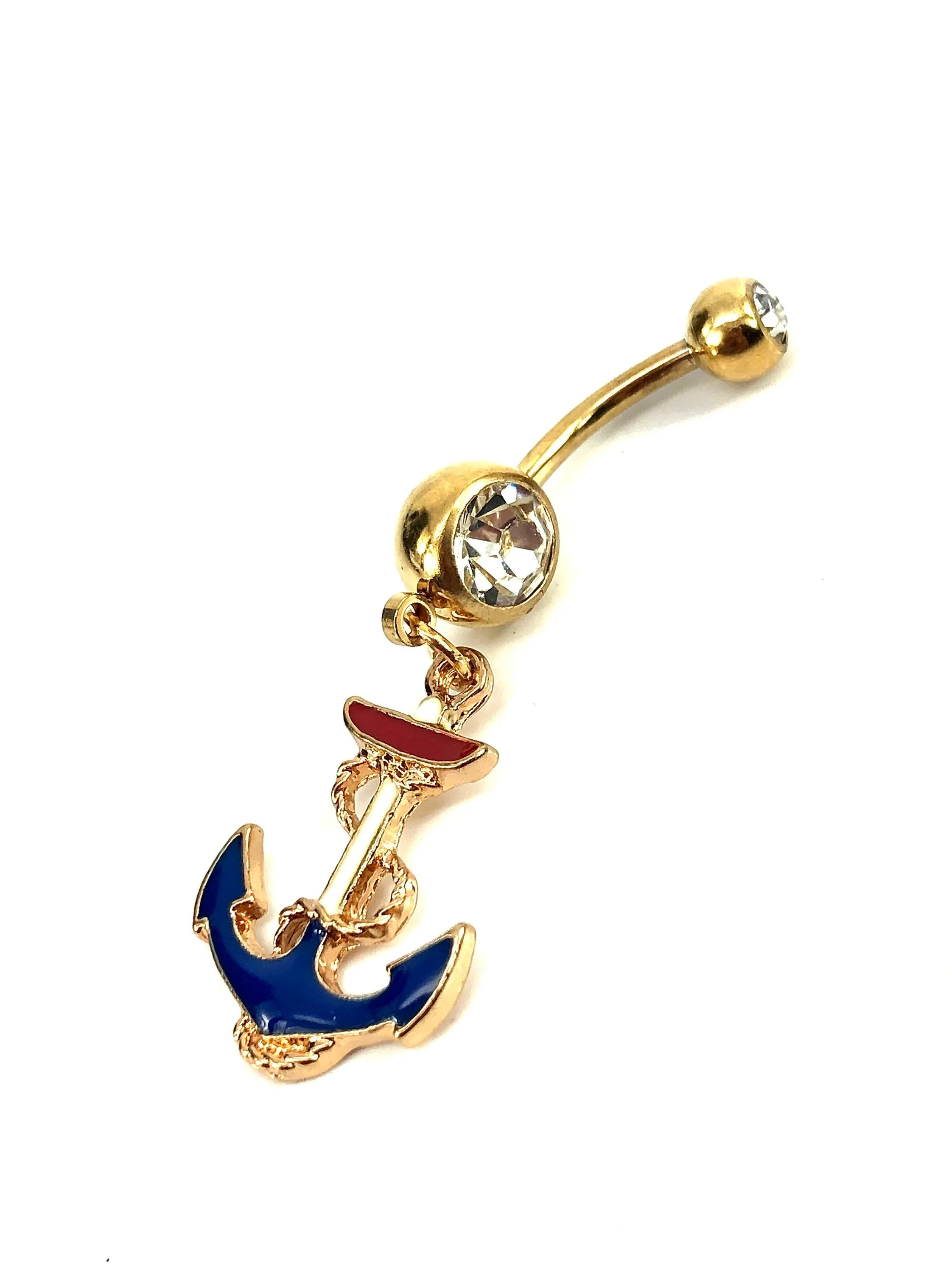 Stainless steel curve bar , anchor gem belly ring, SKU# NBR015