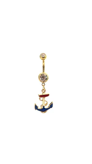 Stainless steel curve bar , anchor gem belly ring, SKU# NBR015