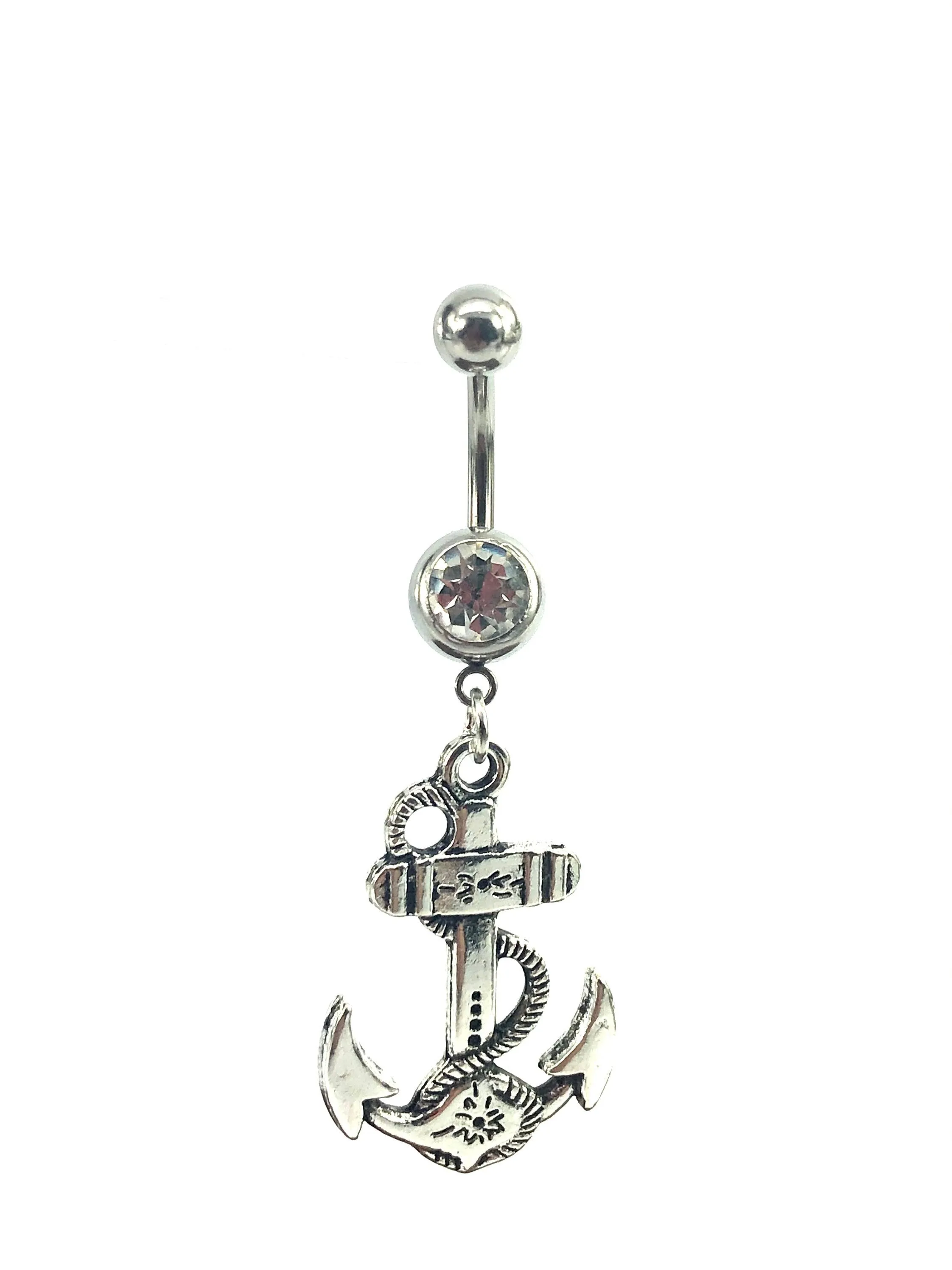 Stainless steel curve bar , anchor gem belly ring, SKU# NBR066