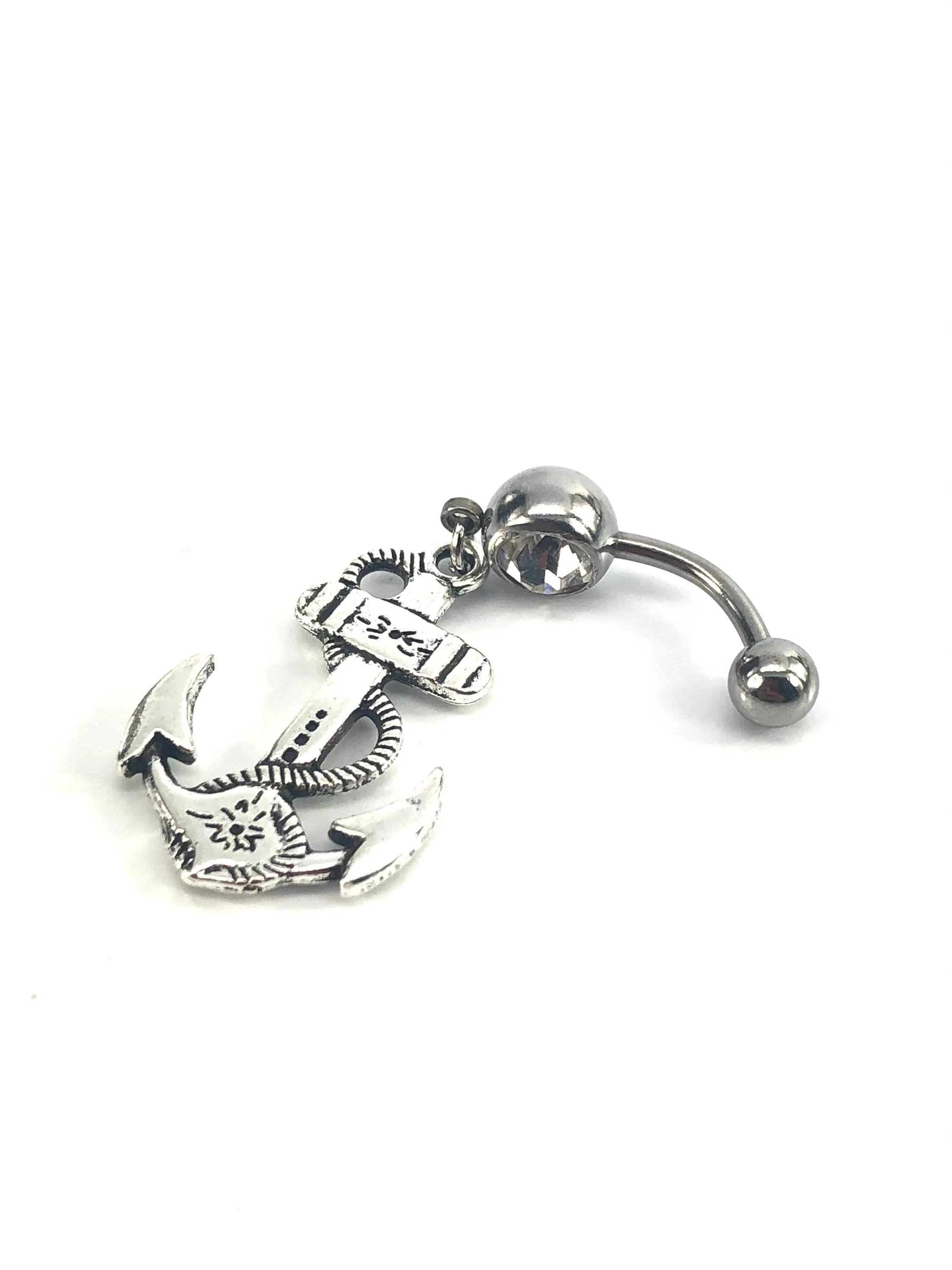Stainless steel curve bar , anchor gem belly ring, SKU# NBR066