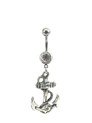 Stainless steel curve bar , anchor gem belly ring, SKU# NBR066