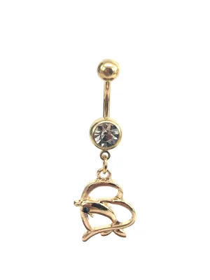 Stainless steel curve bar , dolphin & heart gem belly ring, SKU# NBR034