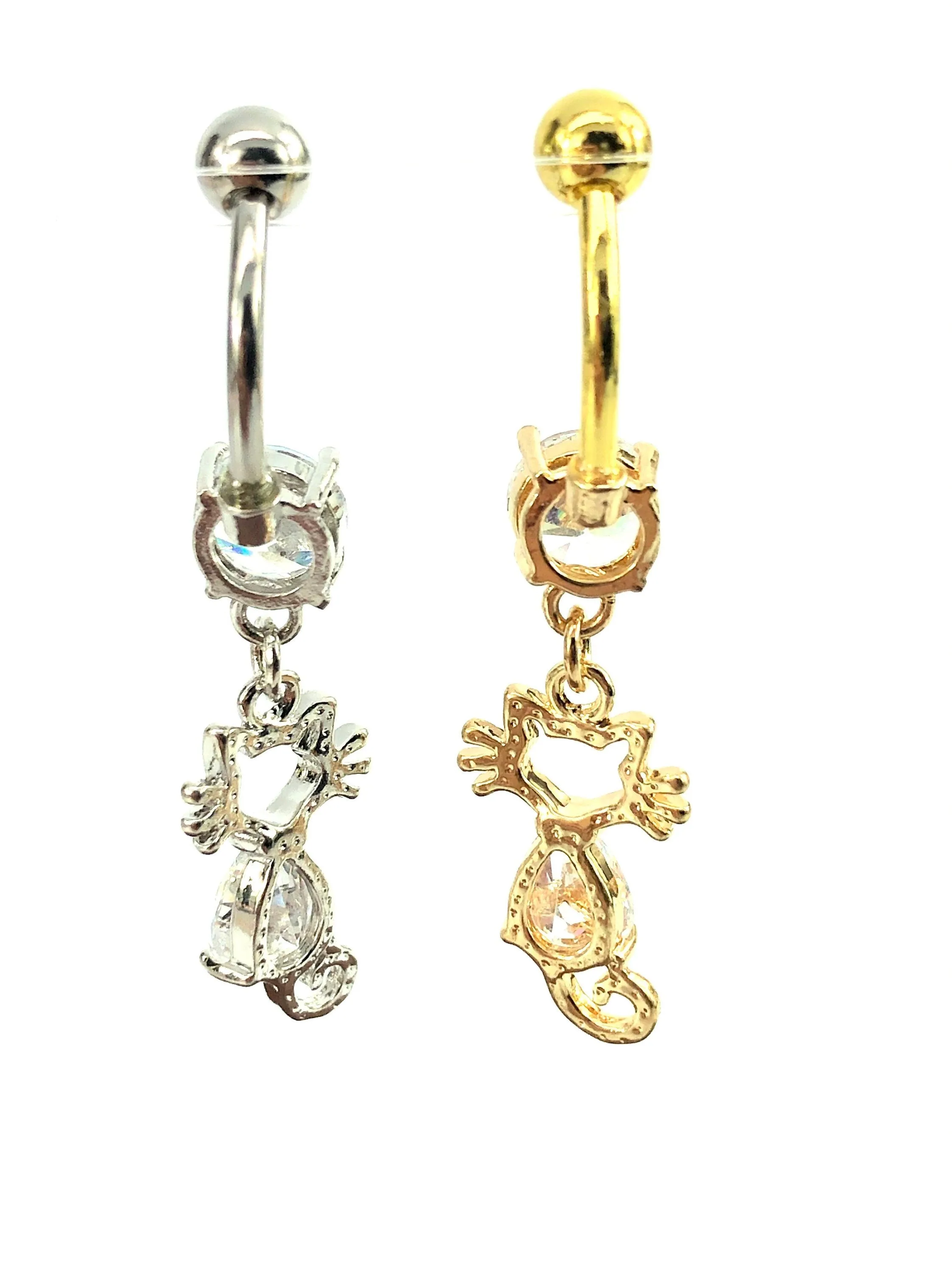 Stainless steel curve bar , double cat gem belly ring, SKU# 10-2