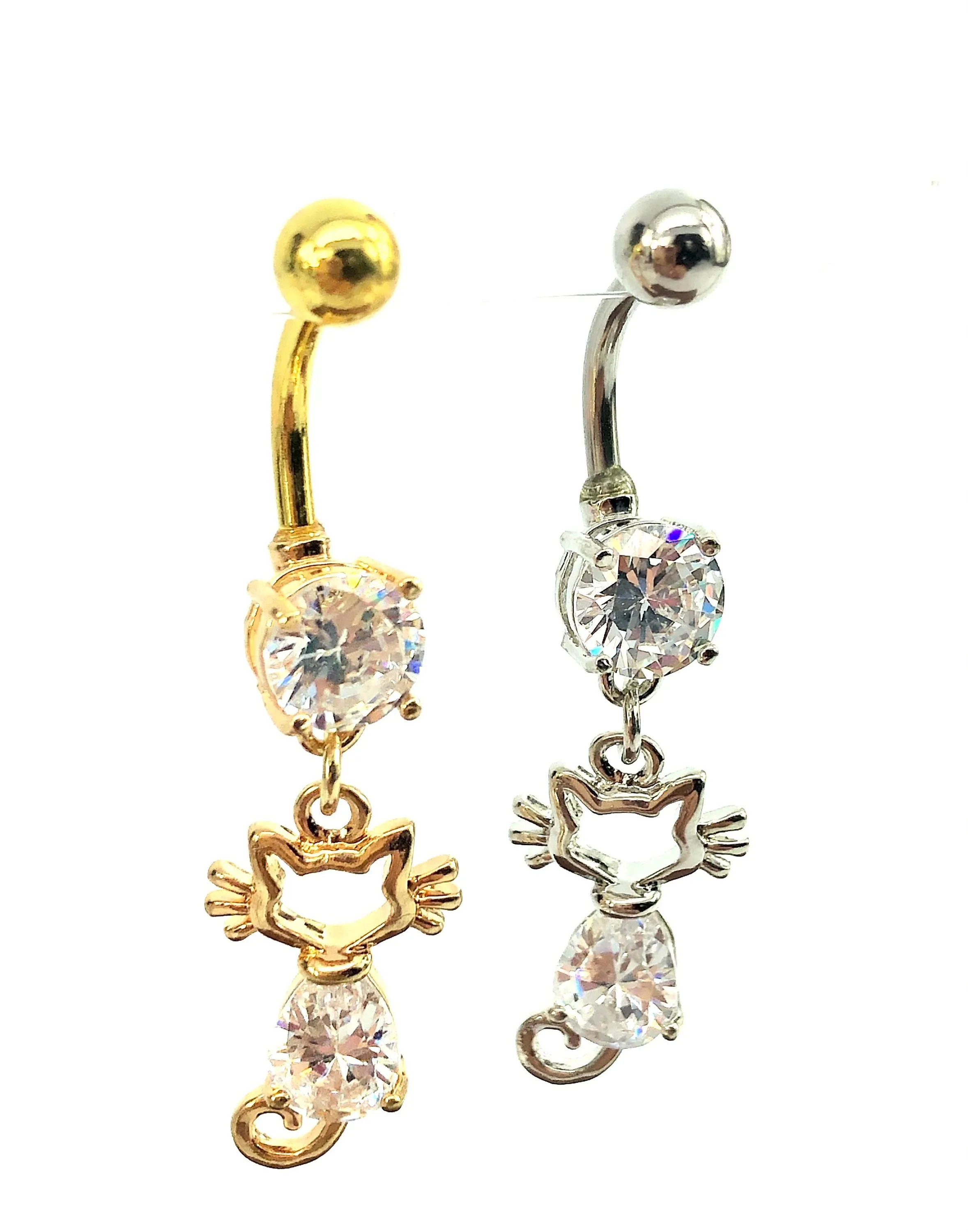 Stainless steel curve bar , double cat gem belly ring, SKU# 10-2