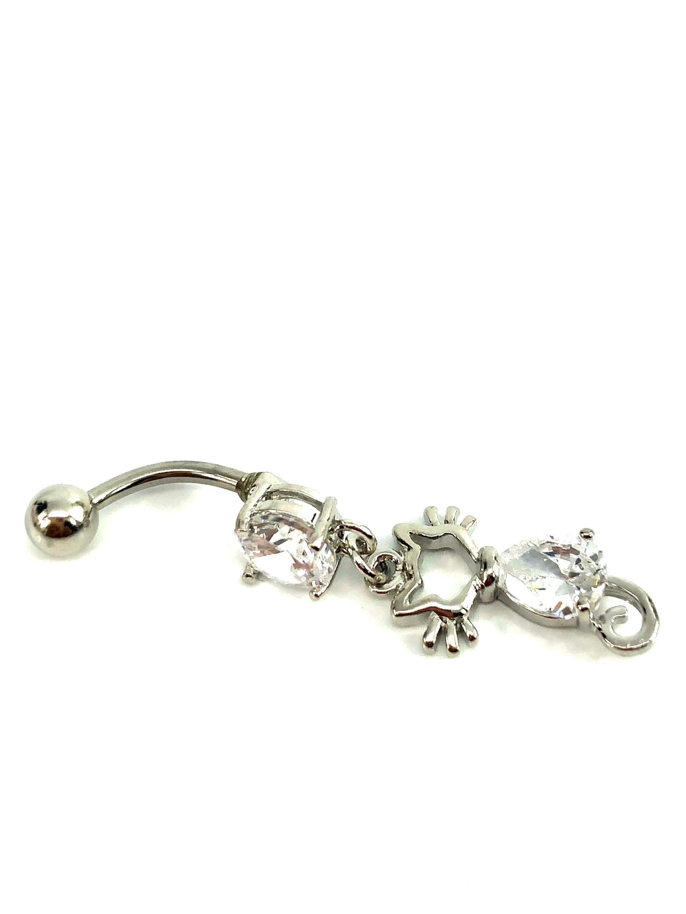Stainless steel curve bar , double cat gem belly ring, SKU# 10-2