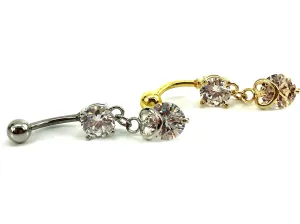 Stainless steel curve bar , double heart gem belly ring, SKU# 10-5