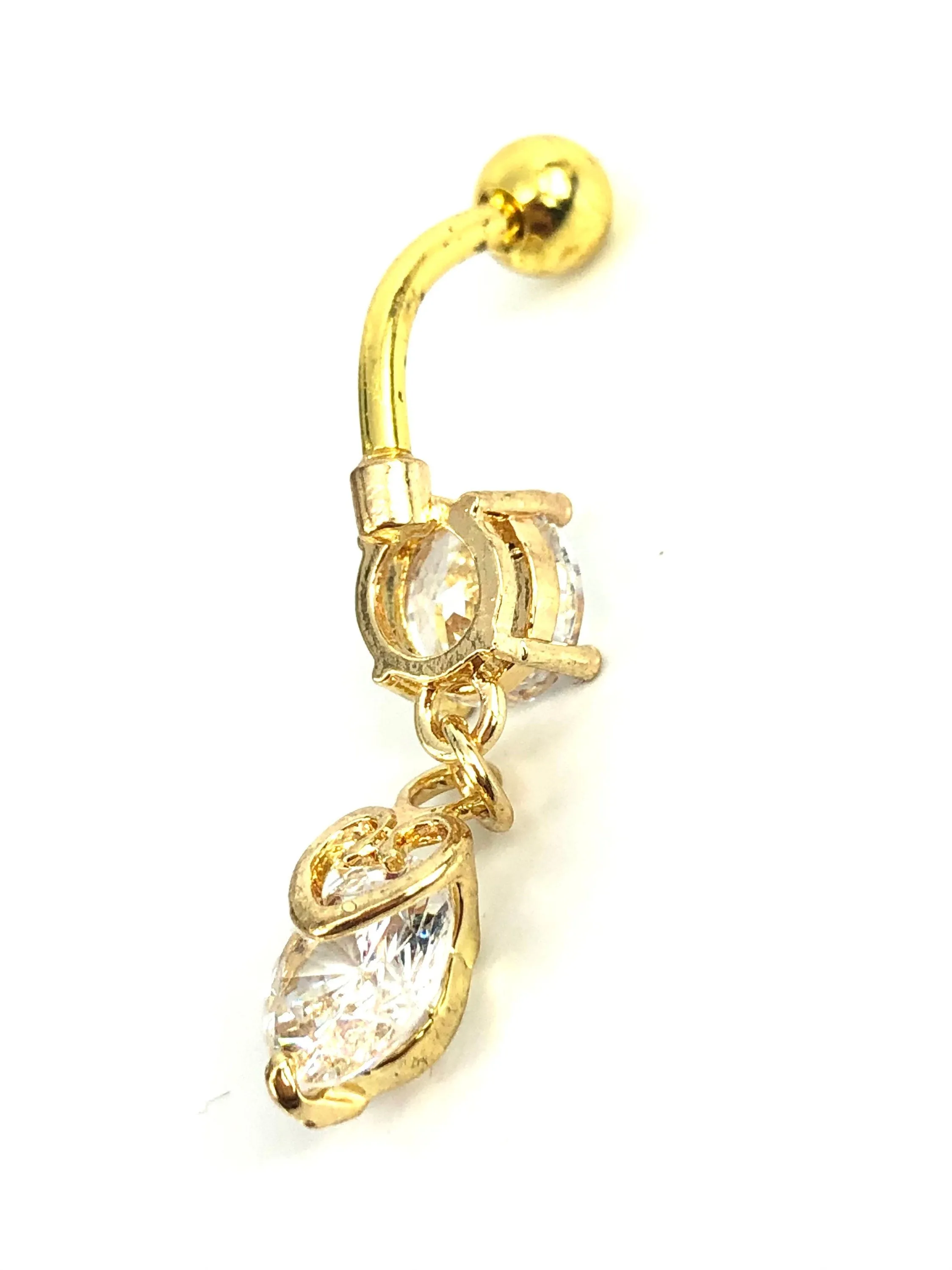 Stainless steel curve bar , double heart gem belly ring, SKU# 10-5